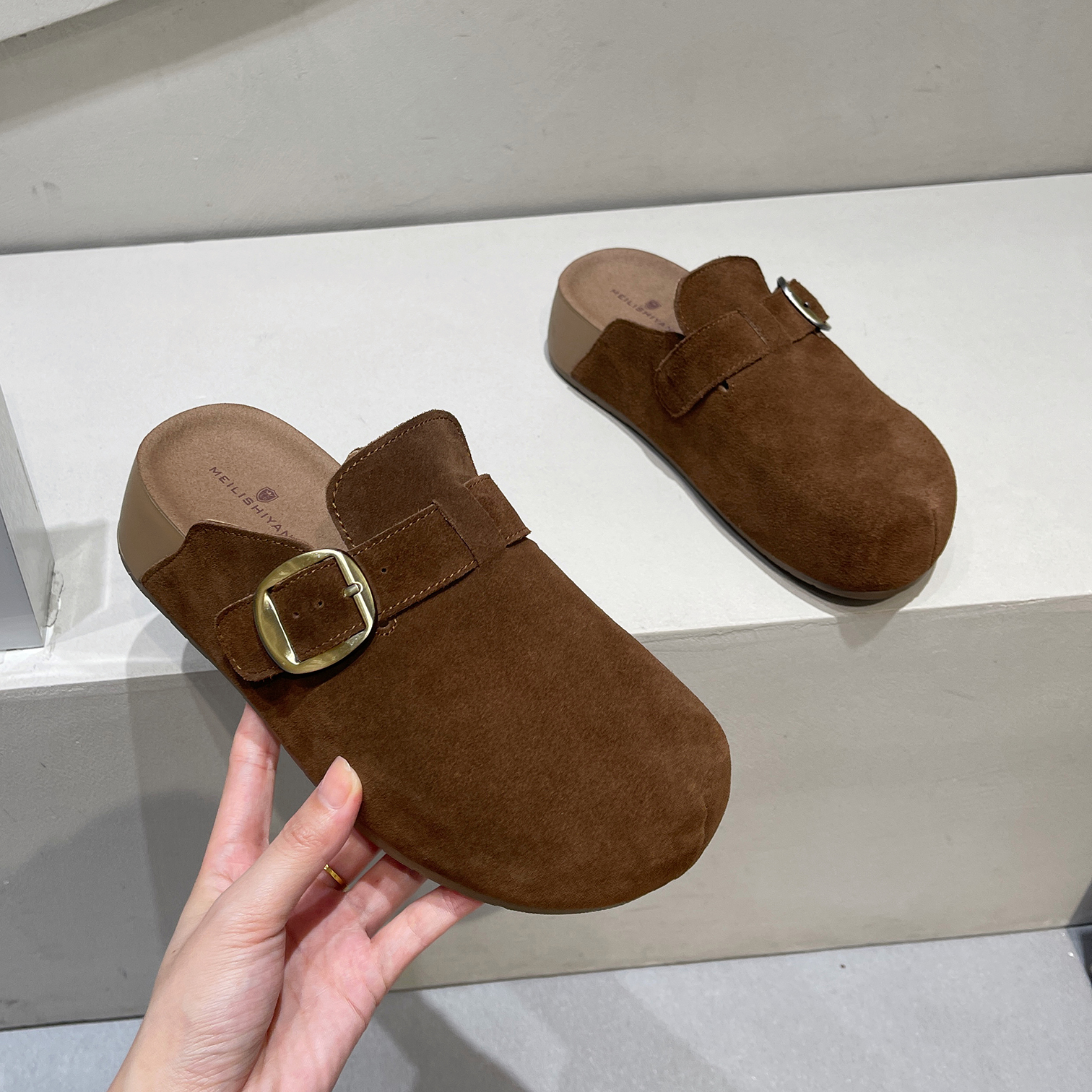 真皮厚底勃肯鞋女2025新款秋季爆款增高包头半拖鞋懒人一脚蹬女鞋 - 图1