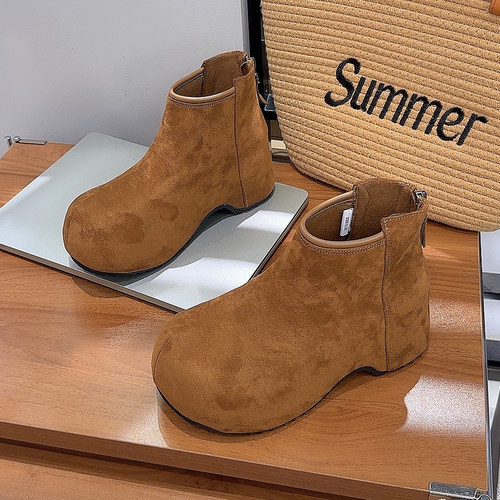 内增高勃肯短靴女2025新款秋冬百搭复古绒面丑萌大头鞋英伦马丁靴 - 图0