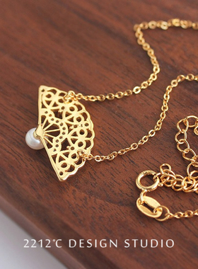 纯银镀金扇子锁骨链淡水珍珠