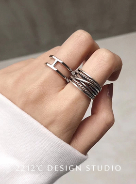 2212°C s925纯银极简约开口戒指女 性冷淡风格指环 H形戒指戒子