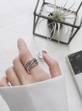 复古纯银做旧麻花纹情侣开口戒指