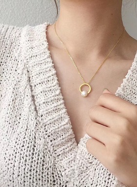 韩国复古纯银金色圆环天然珍珠