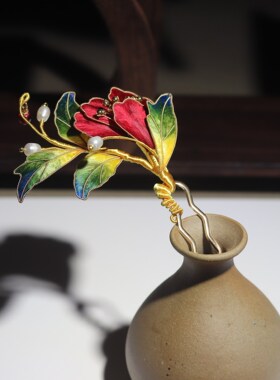非遗丝绒花古风仿点翠发簪古典
