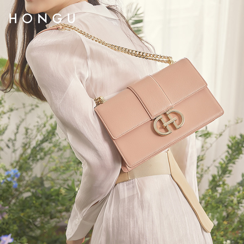 HONGU红谷女包包牛皮单肩斜挎链条小方包时尚百搭休闲腋下包包,淘宝优惠券,粉丝福利购,淘宝优惠卷
