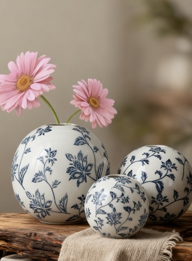 也木手作青花瓷花瓶摆件客厅插花装饰品高级感轻奢陶瓷花器