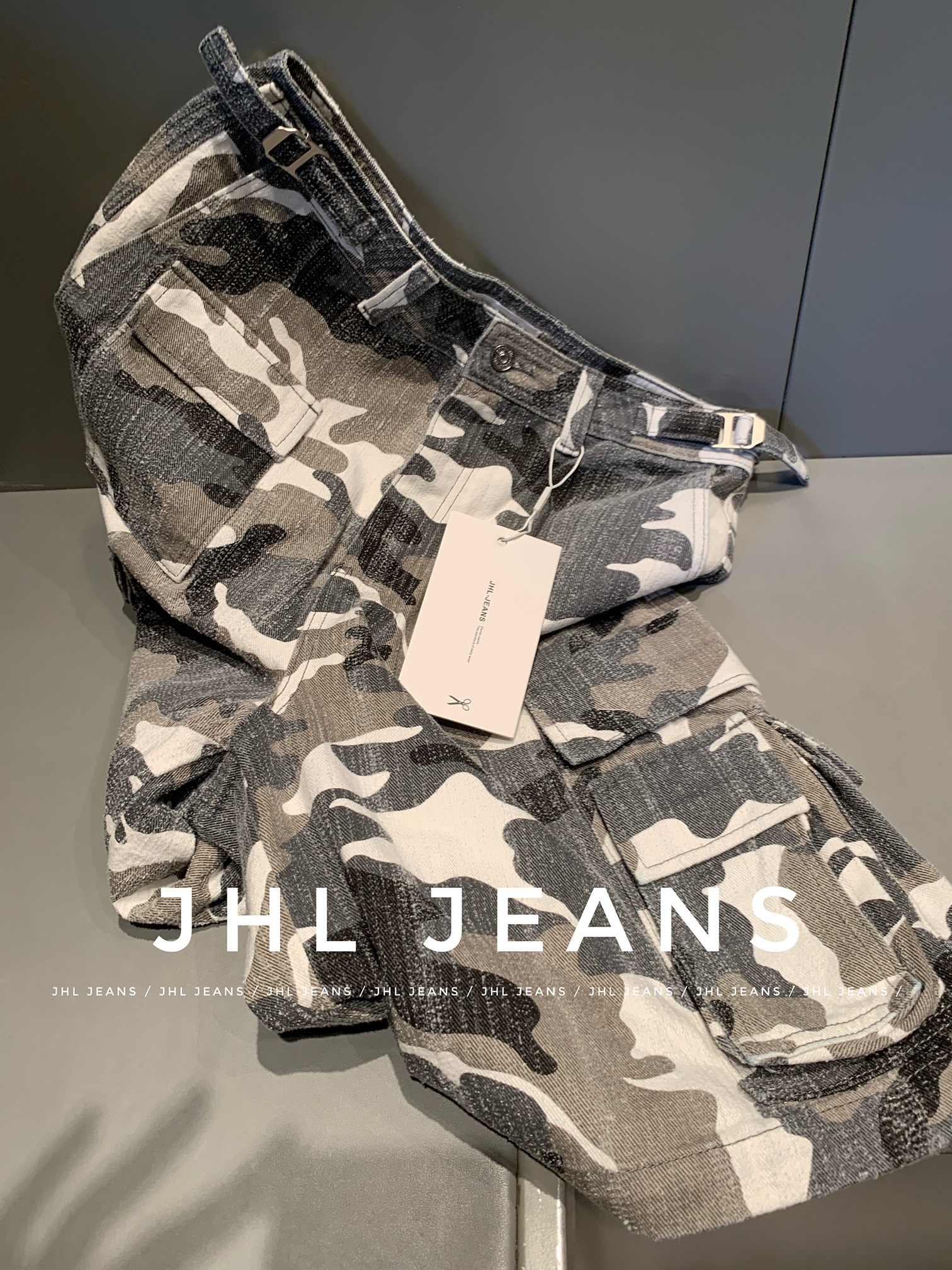 JHL JEANS 原创全网超级特殊工艺 不一样的白迷彩工装短裤 男女 - 图1