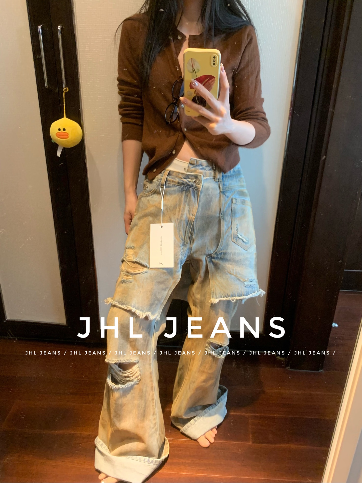 JHLJEANS时髦人的水洗砖头色 抹料破洞牛仔裤裙牛仔长裤男女微喇 - 图2