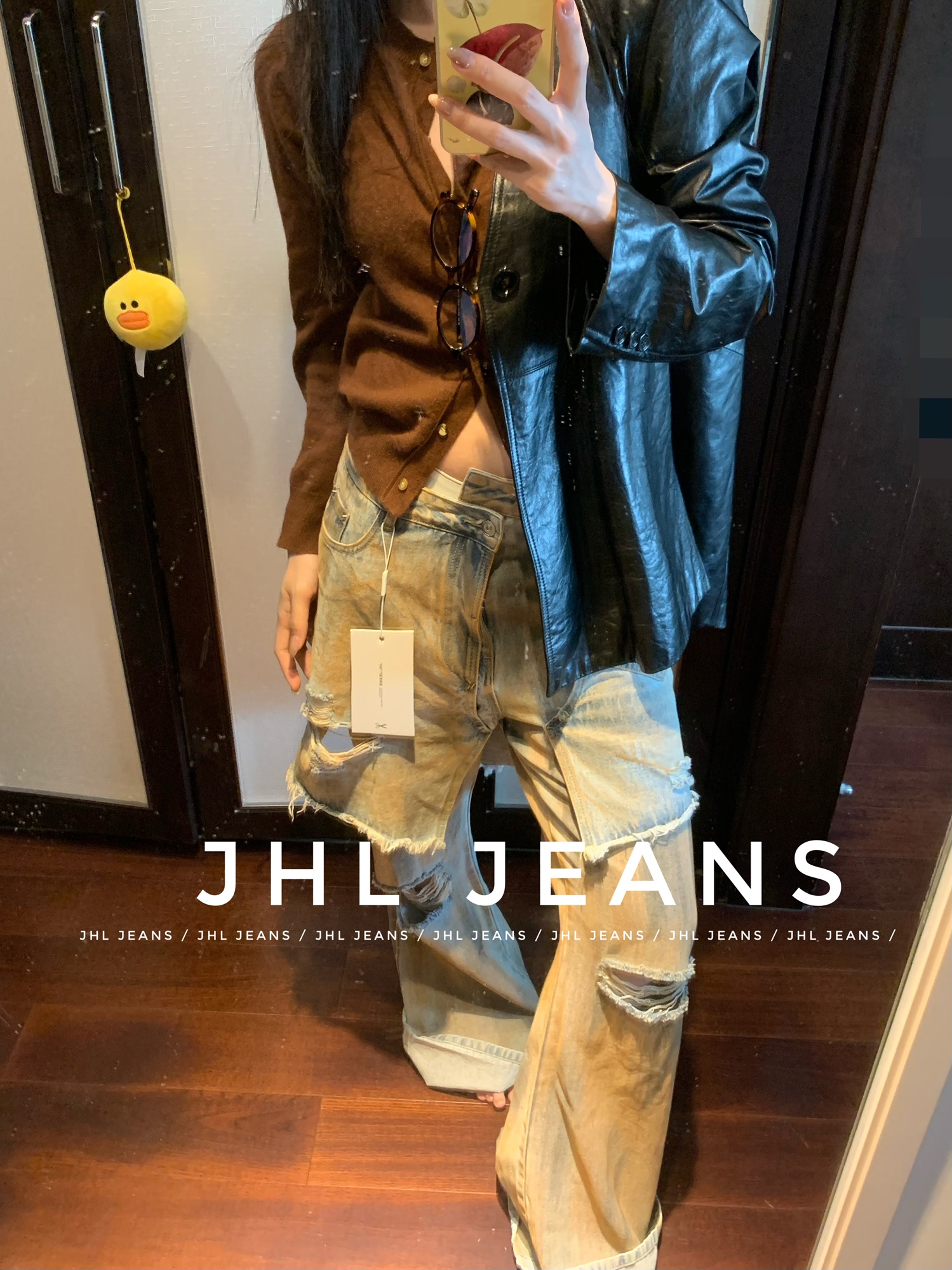 JHLJEANS时髦人的水洗砖头色 抹料破洞牛仔裤裙牛仔长裤男女微喇 - 图1