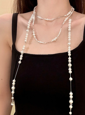 HEY TAO法式复古多层珍珠叠戴项链秋冬氛围感长款毛衣链颈链配饰