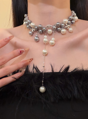 HEY TAO复古金色珍珠十字架choker项链女秋冬甜酷辣妹锁骨链颈链