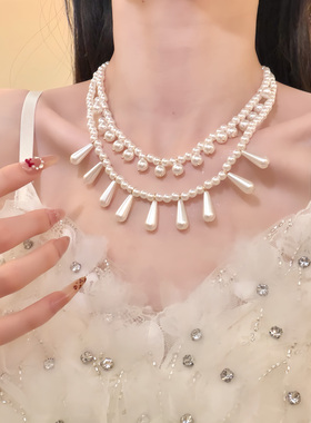 HEY TAO法式复古双层叠戴珍珠choker项链女小众百搭高级感锁骨链