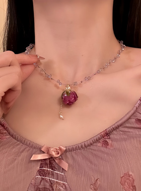 HEY TAO超仙紫色永生玫瑰花朵项链小众设计感叠戴锁骨链配饰颈链