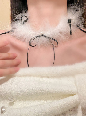 HEY TAO超仙纯欲风丝带蝴蝶结羽毛choker项链小众气质颈链毛衣链