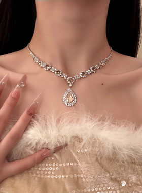 HEY TAO复古闪钻水滴吊坠项链女轻奢时尚颈链晚宴礼服配饰锁骨链