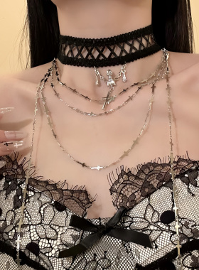 HEY TAO暗黑系辣妹蕾丝choker多层骷髅十字架叠戴项链配饰锁骨链