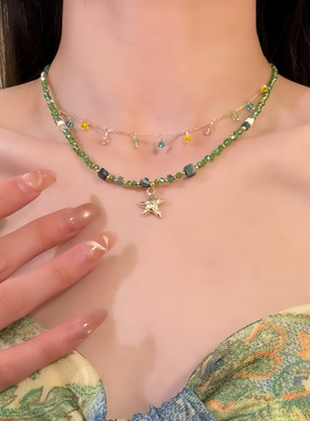 HEY TAO春夏小清新绿色串珠项链女复古小众设计感锁骨链配饰颈链