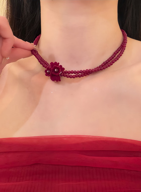 HEY TAO复古红色绒面花朵choker项链双层叠戴串珠锁骨链配饰颈链