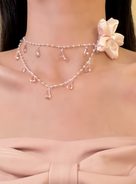 HEY TAO复古甜美粉色珍珠花朵项链女小众优雅气质颈链配饰锁骨链