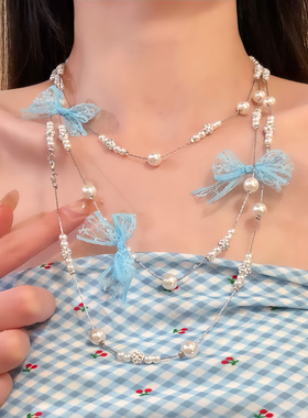 HEY TAO满天星蓝色蕾丝蝴蝶结珍珠项链多层叠戴颈链高级感锁骨链