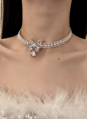 HEY TAO超闪锆石珍珠蝴蝶choker项链女精致高级感颈链配饰锁骨链