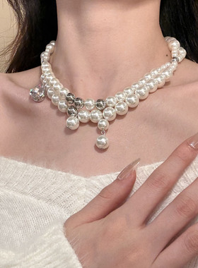 HEY TAO复古闪锆双层珍珠choker项链女轻奢气质锁骨链高级感颈链