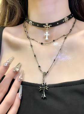 HEYTAO暗黑甜酷叠戴十字架项链