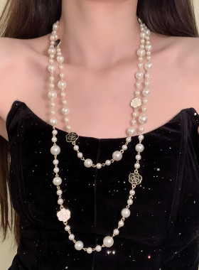 HEY TAO矜贵小香风山茶花珍珠项链长款高级感多层叠戴锁骨链配饰