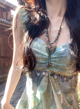 HEY TAO民族风蝴蝶编绳吊坠项链女复古新中式串珠锁骨链配饰颈链