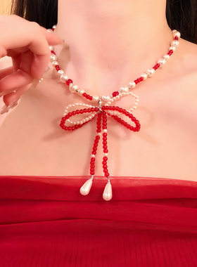 HEY TAO复古红色玛瑙珍珠项链蝴蝶结颈链小众高级感串珠锁骨链女
