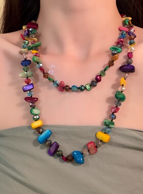 HEY TAO复古彩色不规则天然石贝壳串珠项链女波西米亚叠戴锁骨链