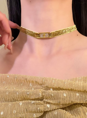 HEY TAO复古绿色细闪choker闪锆项链女款小众时尚高级感颈链配饰