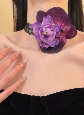 HEY TAO纯欲紫色蝴蝶兰花朵蕾丝颈带choker项链小众高级感锁骨链