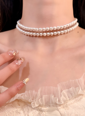 HEY TAO简约复古双层珍珠choker项链女时尚气质颈链高级感锁骨链