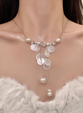 HEY TAO复古珍珠贝壳流苏拼接项链女款时尚设计感锁骨链配饰颈链
