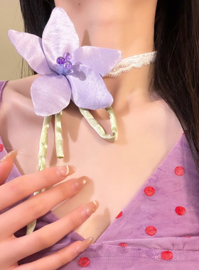 HEY TAO森系唯美紫色花朵蕾丝choker项链女纯欲气质颈链脖子配饰