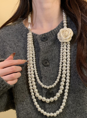 HEY TAO秋冬赫本小香风山茶花珍珠项链长款小众气质毛衣链配饰女