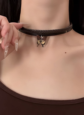 HEY TAO复古美拉德咖色蝴蝶choker双层皮质项圈辣妹项链脖子配饰