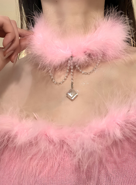 HEY TAO冬日甜美粉色毛绒choker颈链女超仙纯欲气质项链脖子配饰