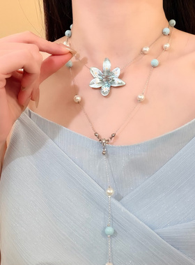 HEY TAO春夏度假风蓝色花朵串珠叠戴项链长款百搭海边拍照锁骨链