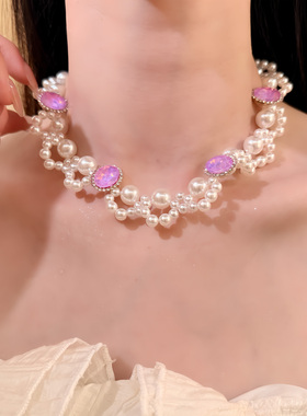 HEY TAO法式复古紫色水钻珍珠项链女小众甜美气质颈链配饰锁骨链