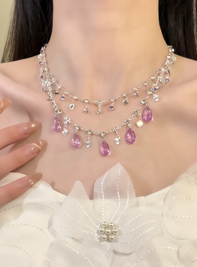 HEY TAO闪锆粉色水滴流苏项链女双层叠戴锁骨链甜美气质颈链配饰