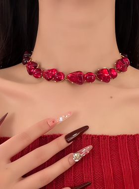 HEY TAO复古新年红宝石项链女轻奢小众气质颈链配饰高级感锁骨链