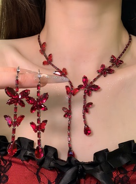 HEY TAO万圣节红水晶蝴蝶流苏choker项链女复古高级感锁骨链配饰