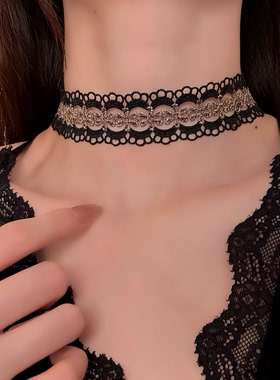 HEY TAO复古黑金花边蕾丝choker项链女小众纯欲辣妹项圈颈带配饰