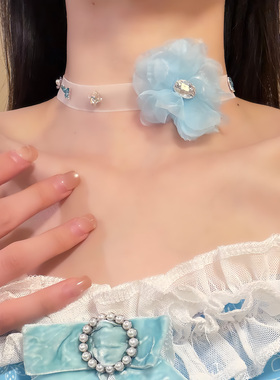 HEY TAO早春气质蓝色花朵项链度假风氛围感choker颈带锁骨链配饰