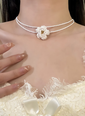 HEY TAO复古白色串珠花朵项链女甜美气质双层叠戴颈链配饰锁骨链
