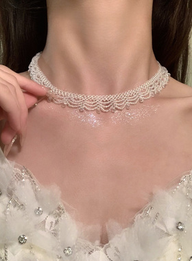 HEY TAO复古透明串珠choker项链女锁骨链夏季百搭气质高级感颈链