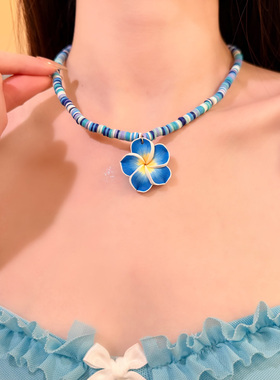 HEY TAO春夏度假风蓝色花朵串珠项链女海边拍照氛围感锁骨链颈链