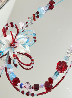 HEY TAO新中式红蓝撞色花朵串珠choker项链小众设计感锁骨链颈链