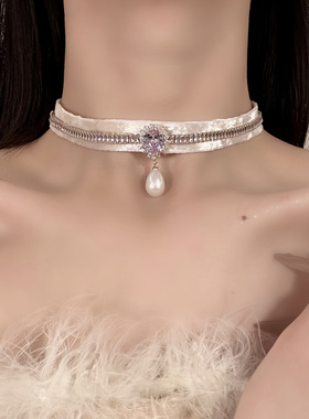 HEY TAO绝美精致闪钻丝绒choker珍珠吊坠项链轻奢高级感颈链配饰